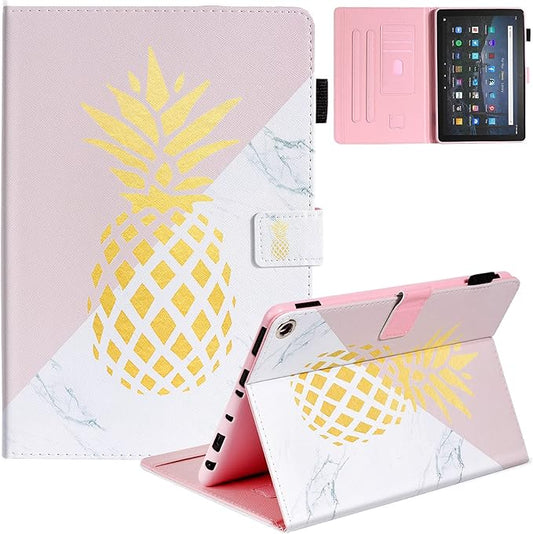 Dteck Case for All-New Fire HD 10 &amp HD 10 Plus Tablet (2021 Release 11th Generation) - Multi-Angle Folio Stand Premium Embossed Leather Protective Smart Cover with Auto Wake Sleep Gold Pineapple