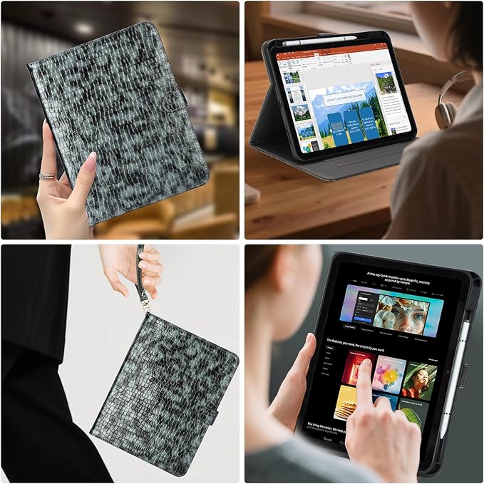 Elegant Case for Samsung Galaxy Tab A9 Plus 11 Inch 2023（Model: SM-X210/X216/X218） Premium Leather Crocodile Cover | Stand | Card Pockets| Wrist Strap| S Pen Holder(Black+Gray)