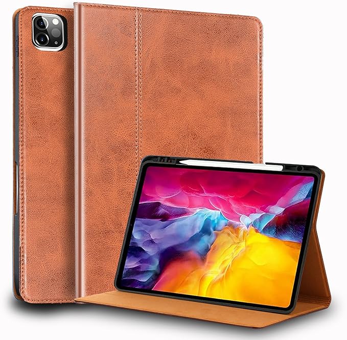 for Ipad Pro 11-inch 4th/3rd/2nd/1st Gen 2022/2021/2020/2018 Case Genuine Leather Cover Protective ShellBuilt-in Pencil Holder and Auto Wake/Sleep.Brown