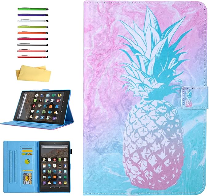 Case for Amazon Kindle Fire HD 10 Tablet 9th/7th Generation 2019 and 2017 with Stylus Holder Card Slots [Auto Sleep/Wake] Smart Stand PU Leather TPU Magnetic Folio Cover Pink Pineapple