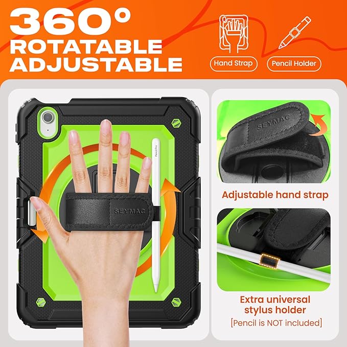 SEYMAC stock Case for iPad Air 11-inch M4-M2 2026-2024 (Gen 8-6) Shockproof Heavy Duty Case with Screen Protector Pencil Holder Rotating Stand Hand Strap Shoulder Strap Green