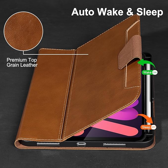Gexmil Premium Leather Case for iPad mini 7 (A17 Pro) 2024 / iPad mini 6 Generation 2021 8.3 InchPencil Holder Magnetic ClosureShockproof Cowhide CoverAdjustable StandYellow Brown
