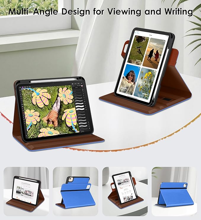 DTTO for iPad Air 11 inch Case M4 / M3 / M2 (2026/2025/2024) iPad Air 5th / 4th Gen (2022/2020) 360 Degree Rotating Premium Leather Folio Stand Cover with Pencil Holder Sapphire Blue