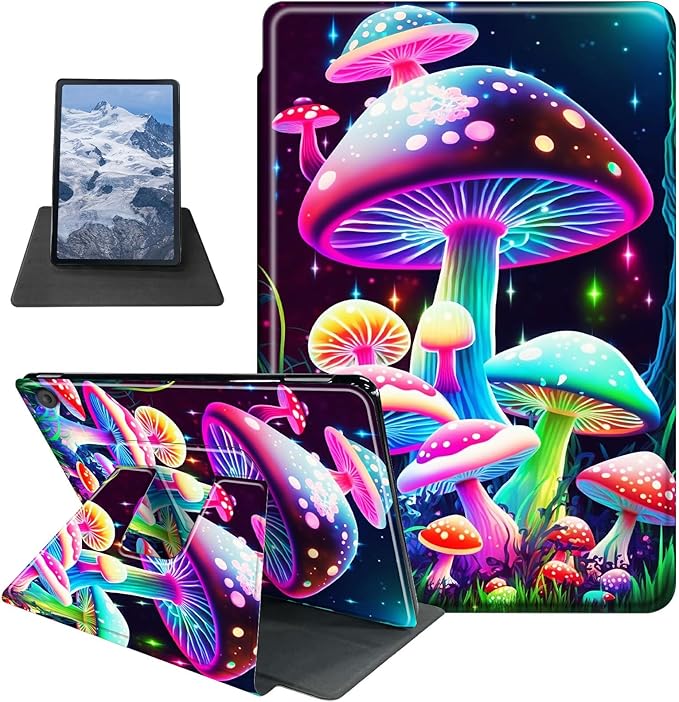 Case for Kindle Fire HD 10 Tablet (5th/7th/9th Generation2015/2017/2019 Release) Gorgeous Mushrooms Theme 360 Degree Rotating Stand Protective Cover with Auto Sleep/Wake for HD 10 Tablet