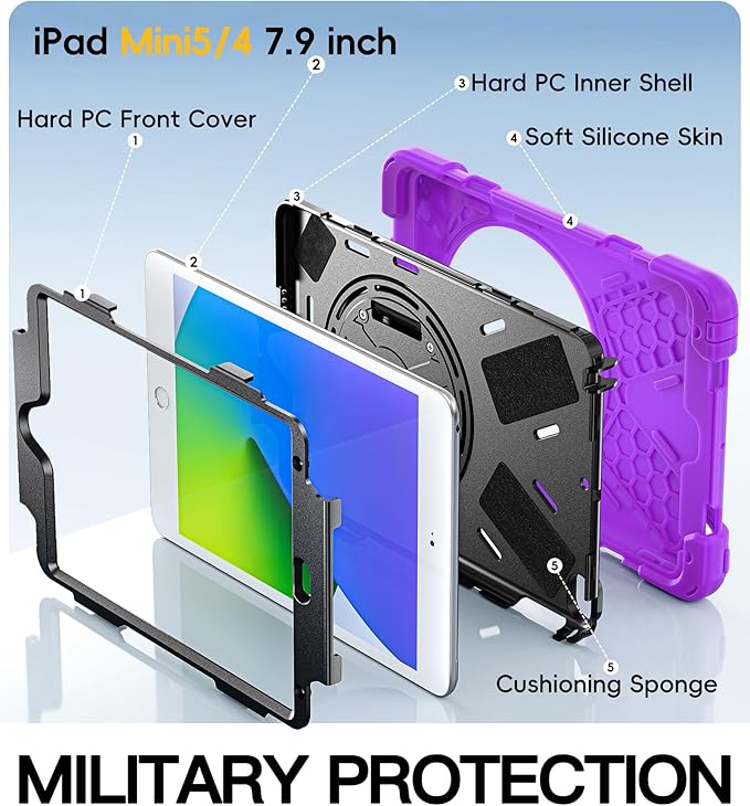 BRAECN iPad mini 5 CaseiPad mini 4 Case Heavy Duty Shockproof Protective Rugged Case with Pencil HolderHand StrapKickstand Shoulder Strap for iPad mini 5th/4th Generation 7.9 Inch for Kids