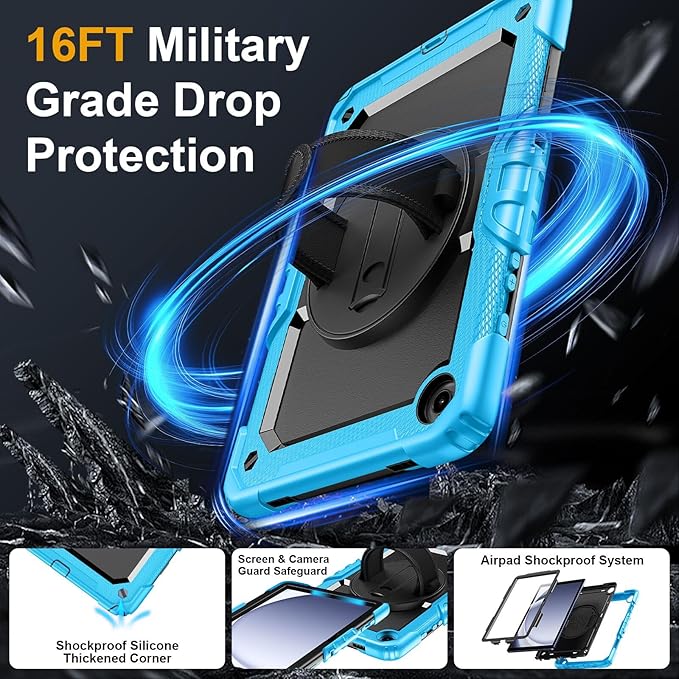 Case for Samsung Galaxy Tab A9+/A9 Plus 11 Inch 2023(SM-X210/X216/X218) Ubearkk Full-Body Drop Protection Case with Screen Protector 360° Rotating Stand and Hand/Shoulder Strap Brightblue