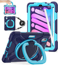 BATYUE Case for iPad mini 7 (A17 Pro) 2024/ iPad mini 6 (A15 Bionic) 2021 8.3 inch Shockproof Case for iPad mini 7th/6th Gen with Pencil Holder/ 360° Swivel Stand/Shoulder Strap - Navy Blue