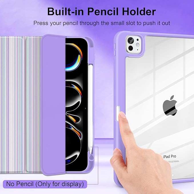 TWOLSKOO Case for iPad Pro 11-inch (M5 2025 / M4 2024) Clear Acrylic Back with TPU Bumper Pencil Holder Trifold Stand Auto Sleep/Wake Purple Stripes