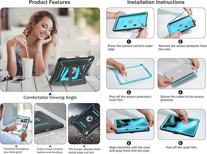 Soke Case for iPad (A16) 11th Generation 11-Inch 2025 /10th Generation 10.9-Inch 2022 with Screen Protector and Multi-Angle Kickstand Rugged Full Body Heavy Duty Protective Cover - Black CyanBlue