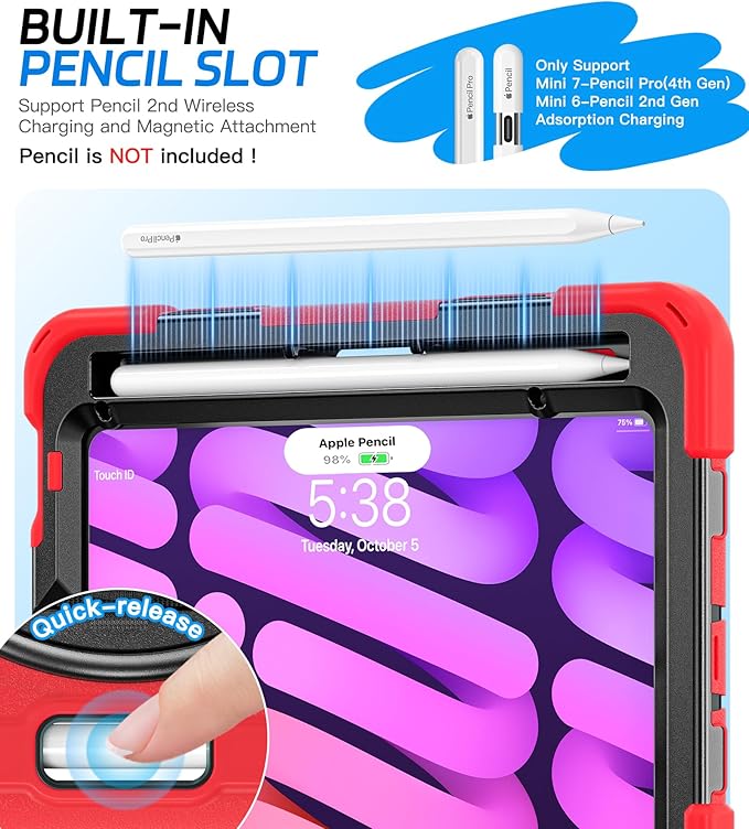BRAECNstock Case for Apple iPad mini 7 (A17 Pro) 2024/ Mini 6 8.3 Shockproof Protective with Pencil Holder Screen Protector Rotating Hand Strap &amp Stand Kids Case for iPad mini 7th/6th Gen Re