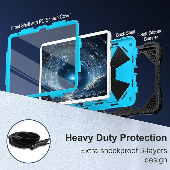 Case for iPad (A16) 11th Generation 11 Inch (2025) / iPad 10th Generation Case 10.9 Inch (2022) with 360° Rotating Stand Screen Protector Pen Holder Shoulder Strap Black Blue