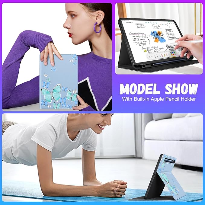 for Samsung Galaxy Tab S9 Plus Case 12.4 Inch 2023 Folio Cover with Pencil Holder Cute Pretty Design Girly Kawaii Blue Butterfly Tablet Case
