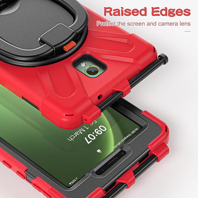 Rugged Case for Samsung Galaxy Tab Active5 5G (SM-X306B/X300) w/ 360° Rotating Hanging Ring Handle Grip Kickstand Heavy Duty Shock-Proof Armor Cover w/Shoulder Strap Stylus Holder (Red)