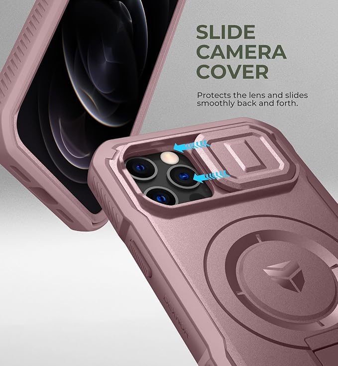 Dexnor for iPhone 12 &amp iPhone 12 Pro Case with Slide Camera Cover &amp Adjustable Kickstand &ampBuilt-in Screen ProtectorMagsafe Rugged Shockproof Bumper Cases Heavy-Duty Protective CoverPeony