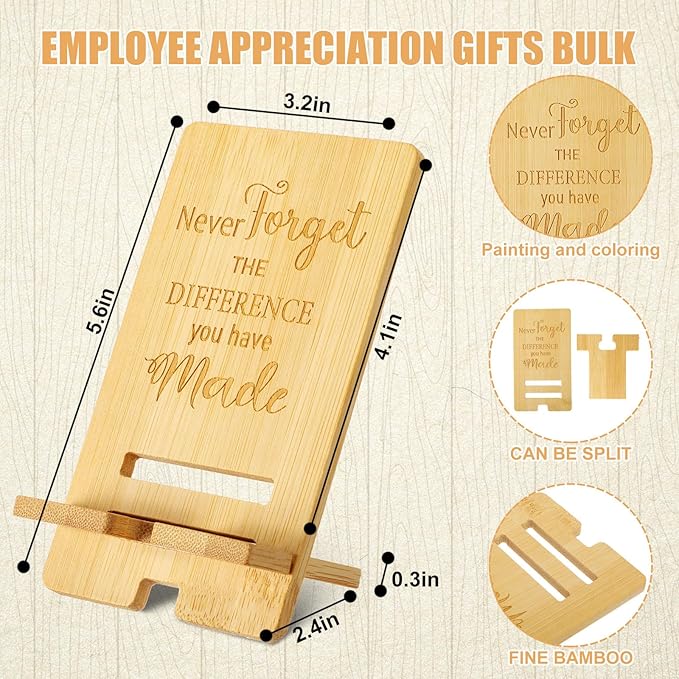 Ripeng 60 Pcs Employee Appreciation Gifts Bulk Bamboo Phone Stand for Desk Office Worker Thank You Gift for Administrative Assistant Team Coworkers Staff Nurse Teacher Week (Difference Made)