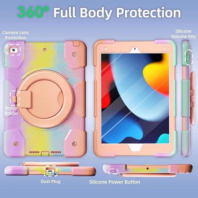 Case for iPad 9th/8th/7th Generation 10.2 inch Shockproof Cover with Screen Protector/360° Rotating Handle/Bracket/Pen Holder/Shoulder Strap Kids Case for iPad 2021/2020/2019 (Colorful Pink)