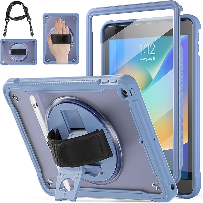 BRAECNstock for iPad 9th/ 8th/ 7th Generation Case 10.2 2021/2020/2019Shockproof Cover with 360° Rotating Hand Strap/StandScreen ProtectorCarrying Shoulder StrapPencil Holder(Lavender Grey)