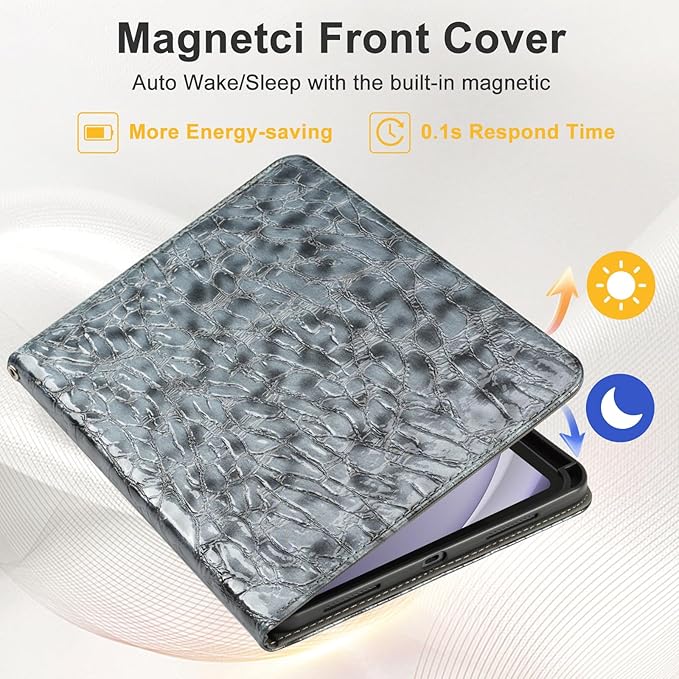 Elegant Case for Samsung Galaxy Tab A9 Plus 11 Inch 2023（Model: SM-X210/X216/X218） Premium Leather Crocodile Cover | Stand | Card Pockets| Wrist Strap| S Pen Holder (Dark Grey)