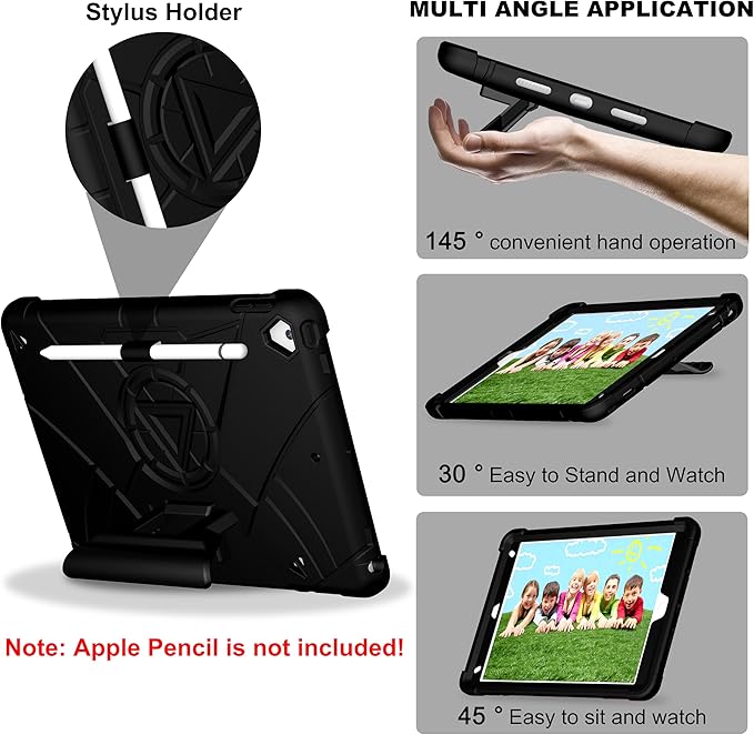 Case for iPad 9th/8th/7th Generation 10.2 inch Heavy Shockproof Cover with Screen Protector/180° Rotating Handle/Bracket/Pen Holder/Shoulder Strap Kids Case for 2021/2020/2019 (D-Black)
