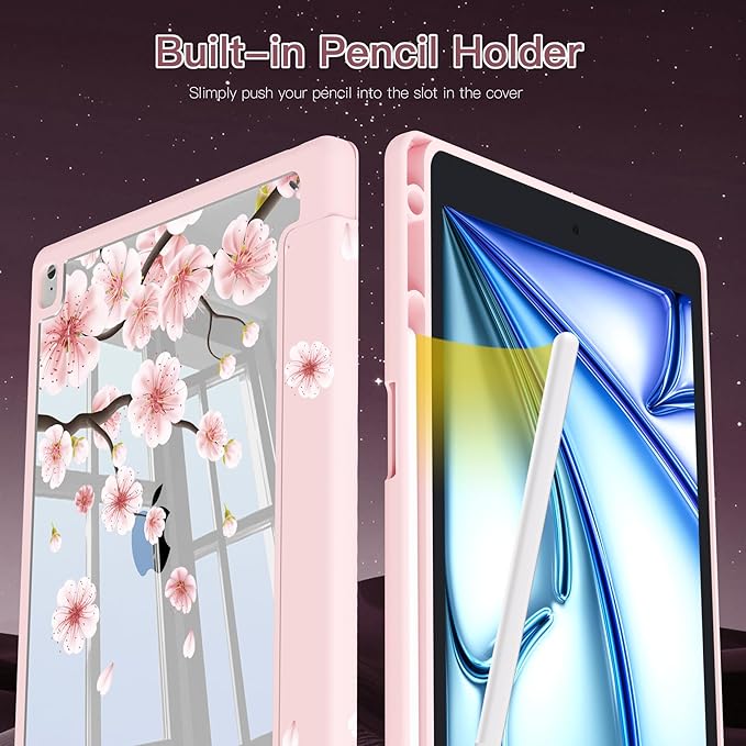 Teryeefi for iPad 10.2 case 9 Generation Built in Pencil Holder - Stand-Auto Wake/Sleep TPU Protection Stand Clear Back Cover for 2021 2020 2019 iPad 7th/8th/9th Case (Cherry Blossoms)