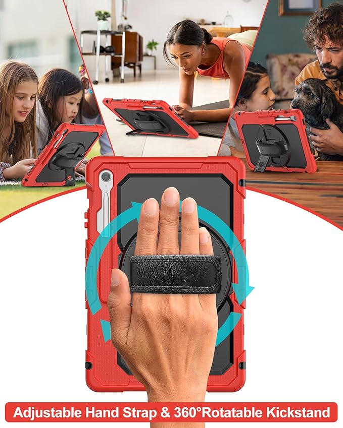 Case for Samsung Galaxy Tab S10 FE Plus 5G Tablet 13.1'' Shockproof Protective Cover with Tempered Glass Screen Protector Rotatable Kickstand S Pen Holder Hand/Shoulder Strap Red