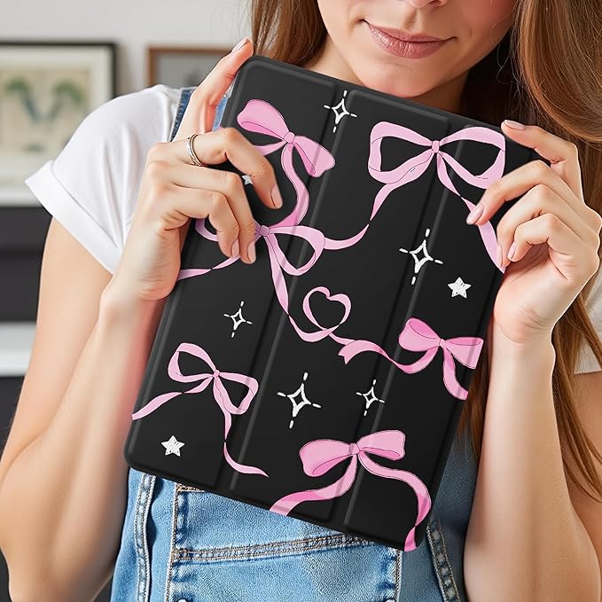 Idocolors Case for iPad 11 inch (A16 Chip) 2025 Generation 11th / iPad 10.9 inch 2022 10th Gen Built-in Pencil Holder with Soft TPU Shockproof Back Shell Auto Wake/Sleep Pink Ribbon Bow-Black