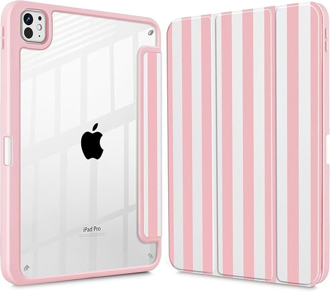 May Chen Case for iPad Pro 11-Inch M5/M4 2025/2024 (6th/5th Generation) [Penceil Holder] Trifold Stand Auto Wake/Sleep Clear TPU Protection Back Cover Pink Stripes