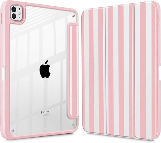 May Chen Case for iPad Pro 11-Inch M5/M4 2025/2024 (6th/5th Generation) [Penceil Holder] Trifold Stand Auto Wake/Sleep Clear TPU Protection Back Cover Pink Stripes