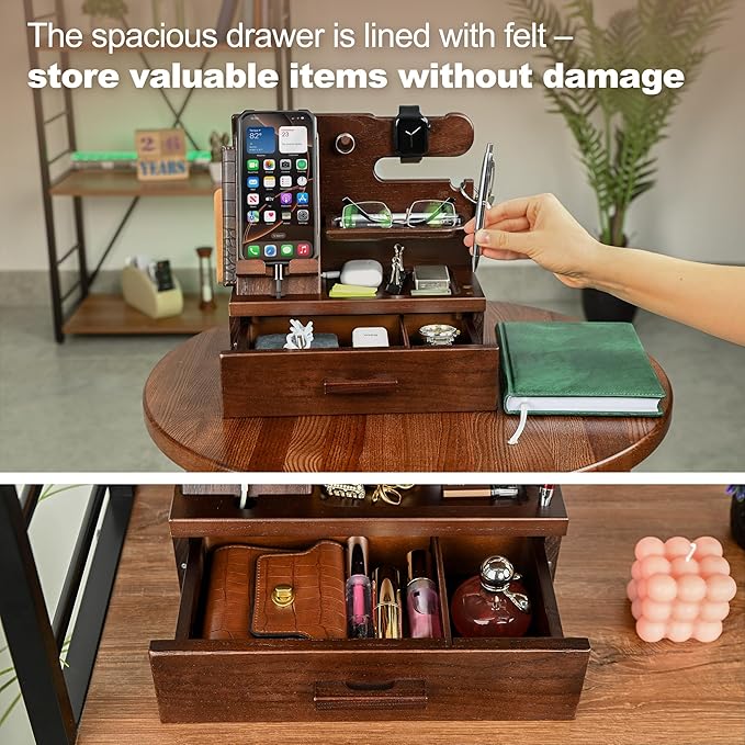 TESLYAR Wood Phone Docking Station with Drawer - Nightstand Organizer - Desk Organizer for Husband - Birthday Gifts for Men Dad Anniversary Key Holder Stand Watch Accessories (Chocolate Brown)
