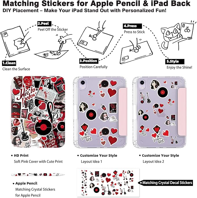 Y2K Tablet Case for iPad Mini 6/7 (8.3 2021/2024) – Hot Pink Retro Sticker Print Cover with Pencil Holder Vinyl Lip Design Tri-Fold Stand Auto Sleep/Wake ipad mini cute case for Girls