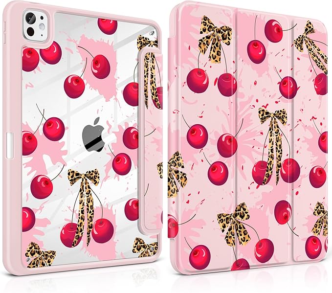 Case for iPad Pro 11 Inch (M5 2025 M4 2024) – [Built-in Pencil Holder] Shockproof &amp Stylish Clear Hard Back + Soft TPU Edge Magnetic Trifold Stand Auto Wake/Sleep Cherry &amp Leopard