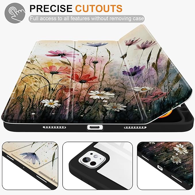 Batianda Case for New iPad Pro 11 inch 2025 M5 2024 M4 Chip [Built-in Pencil Holder] Trifold Stand Shockproof Cover with Clear Transparent Back Shell Soft TPU BumperAuto Sleep/Wake Daisy
