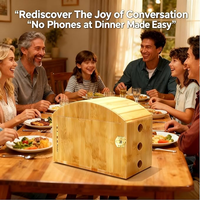Phone Box for Family Time with Combination Lock Premium Bamboo Wood Cell Phone Jail with 6 Charging Holes and Hold 6 PhonesHelp Adults&ampKids Focus Back and Reduce Distractions
