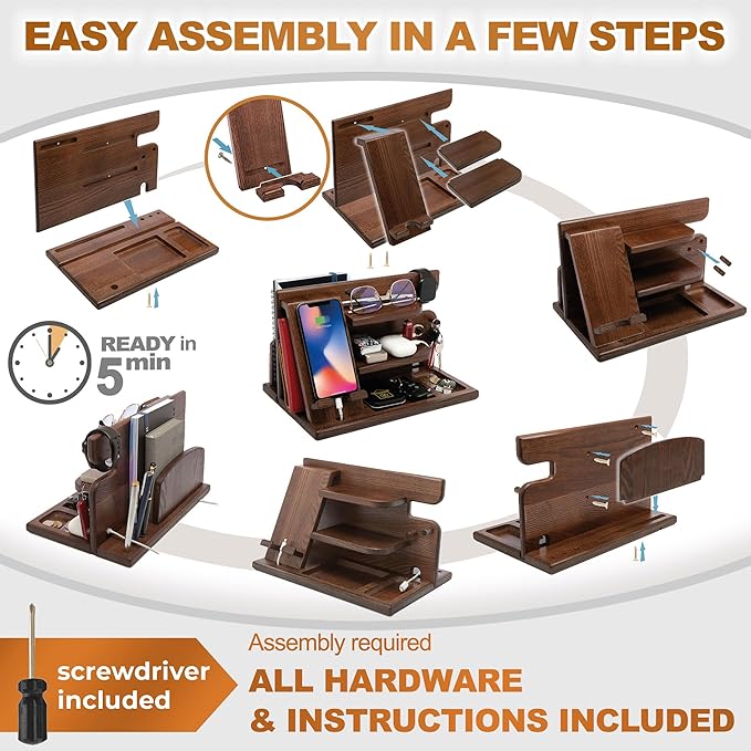 TESLYAR Wood Phone Docking Station for Men - Desktop or Nightstand Organizer - Birthday gifts for Men or Dad - Anniversary Idea from Wife - Key Holders for Wallet Watch &amp Essentials (Chestnut Br