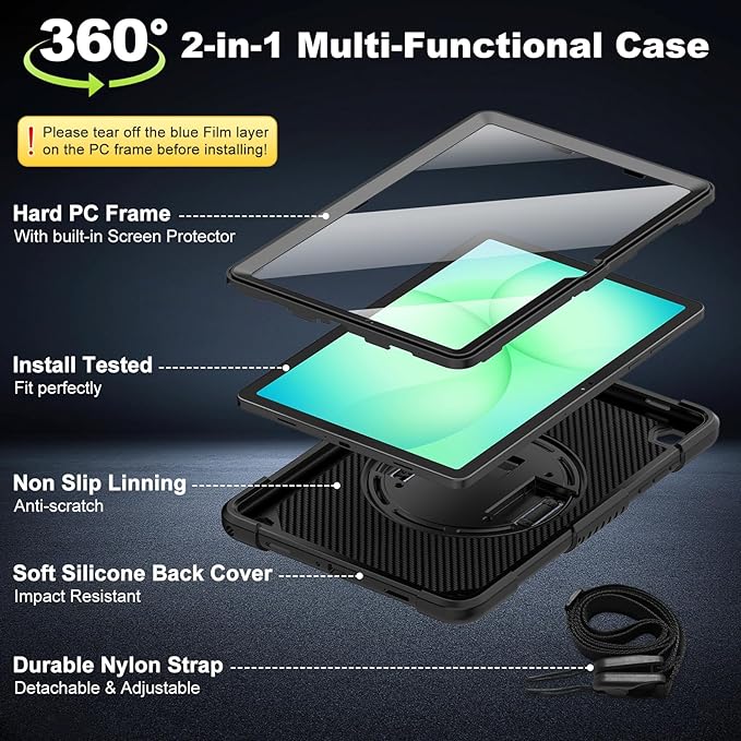 for Samsung Galaxy Tab A11 Plus/A9 Plus case with Screen Protector/ 360° Rotating Stand/Shoulder Strap/Hand Strap Rugged Cover for Galaxy Tab A11+ Plus/A9+ Plus 11 inch 2025/2023 Released