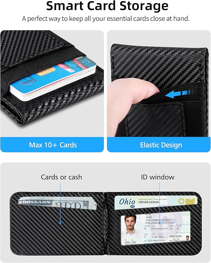 For Magsafe Wallet Stand Strongest Magnetic Wallet for iPhone 17/16/15/14/13/12 Series ID Window 4 Card Slots Fit 9 Cards Vegan Leather RFID Blocking Black Carbon Fiber