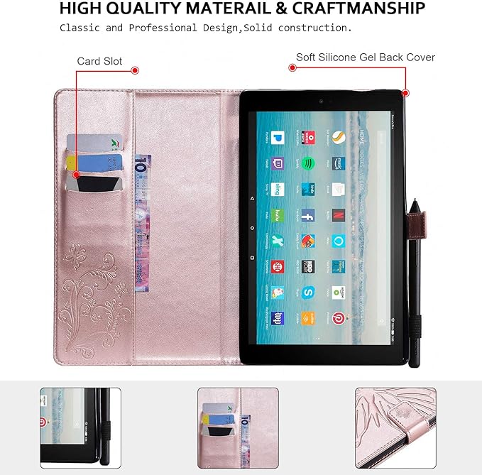 Case for Fire HD 10 Tablet Techcircle Butterfly Embossed Slim Folding Stand Cover with Credit Card/Cash Holder Case for Amazon Fire HD 10.1 5th/7th/9th Generation-2015/2017/2019 Release Rose Gold