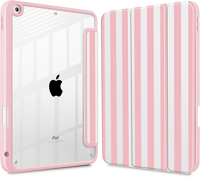 May Chen for iPad 9th Generation with Pencil Holder iPad 8th/7th Gen Case 10.2-inch [Penceil Holder] Trifold Stand Auto Wake/Sleep Clear TPU Protection Back Cover Pink Stripes