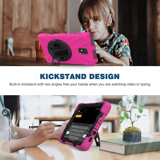 Case for Samsung Galaxy Tab Active 3 8 T570 T575 T577 Heavy Duty Shockproof Rugged 3 Layer Kids Durable Case with 360 Swivel Kickstand Shoulder Strap &amp Hand Strap (Rose Red)