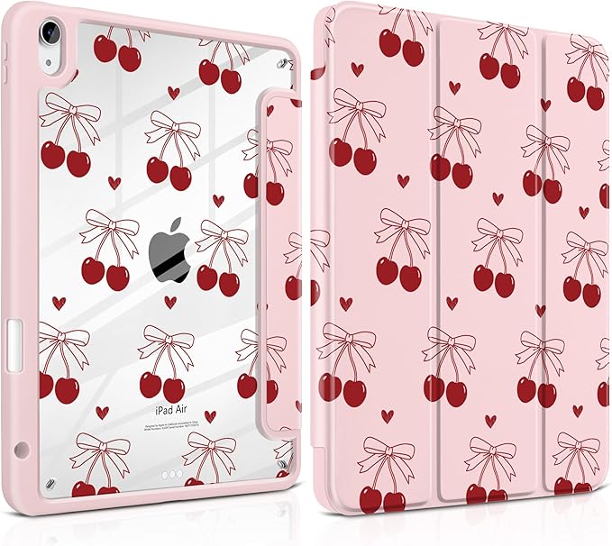 DONGKE Case for iPad Air 11-inch M4 2026 &amp M3 2025 &amp M2 2024 iPad Air 5th/4th Generation 10.9 2022/2020 [Built-in Pencil Holder] Clear Acrylic Back Trifold Stand Smart Cover Cherry &amp H