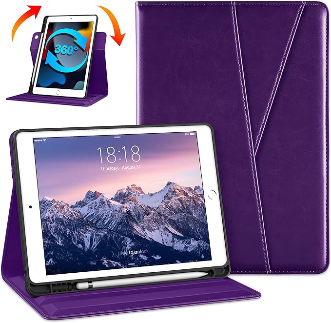 DTTO Rotating Case for iPad 9th/8th/7th Generation 10.2 Inch 2021/2020/2019 360 Degree Swiveling Premium Leather Folio Stand Cover with Pencil Holder - Auto Wake/Sleep and Hand Strap Dark Purple