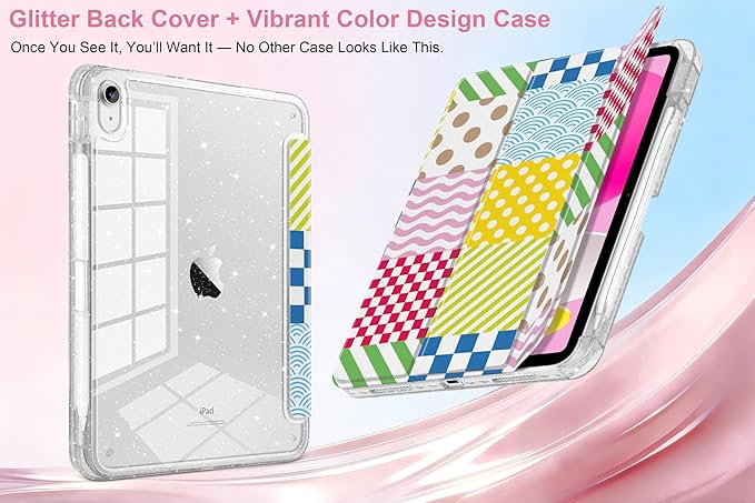 MEEgoodo Case for iPad A16 11th Generation 2025/10th Generation 2022 Glitter Tablet Cases with Transparent Acrylic Back+Trifold Stand +Pencil Holder+Auto Wake/SleepChecked &amp Striped &amp Wave