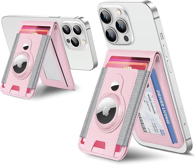 ExtreLife for Magsafe Wallet with Airtag Holder Magnetic Wallet for iPhone 17/16/15/14/13/12 Series 9-Card Holder Open ID Window Adjustable Stand RFID Blocking Pink