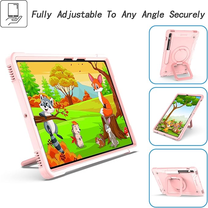 Stand Case for Samsung Galaxy Tab S8 Plus 2022/Tab S7 FE 5G 2021/Tab S7 Plus 2020 Case 12.4 inch 360 Degree Rotating Kickstandwith Hand/Shoulder Strap Rugged Shockproof Cover Rose Gold
