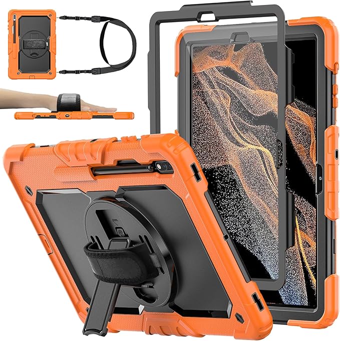 Case for Samsung Galaxy Tab S8 Plus 2022/S7 FE/S7 Plus 5G 12.4-inch Tablet Case Protective [with Screen Protector] Rotatable Kickstand S Pen Holder Hand/Shoulder Strap (Orange)