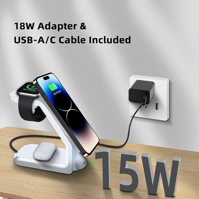 Wireless Charger Charging Station Magnetic 3 in 1 Charging Station for Apple Multiple Devices for Apple -15/14 Pro Max iWatch Ultra/8/se/7/6/5/4/3/2 AirPods2/Pro Phone ChargerWhite