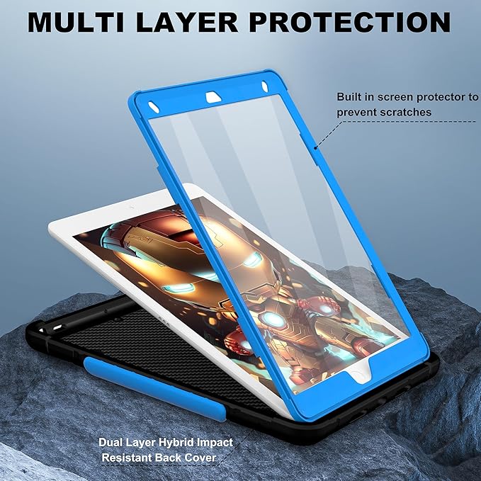 Case for iPad 9th/8th/7th Generation 10.2 inch Heavy Shockproof Cover with Screen Protector/180° Rotating Handle/Bracket/Pen Holder/Shoulder Strap Kids Case for 2021/2020/2019 (D-Black+Blue)
