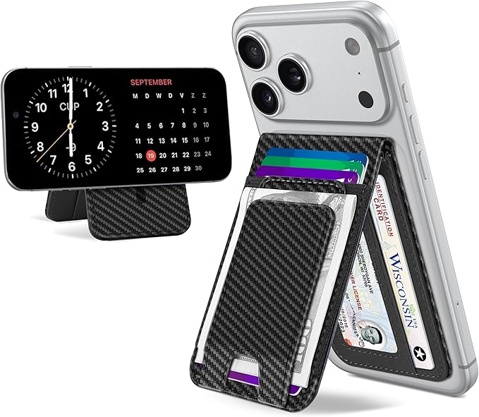TopMade for MagSafe Wallet with Money Clip Strongest Magnetic Card Holder for iPhone 17/16/15/14/13/12 Series for iPhone Wallet with Adjustable Stand ID Window RFID Blocking Black Carbon Fiber
