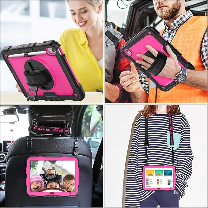 SEYMAC stock Case for iPad (A16) 11th/10th Generation 11''/10.9'' 2025/2022 Full-Body Drop Protection Case with Screen Protector &amp360° Rotate Hand Strap/Stand Pink+Black