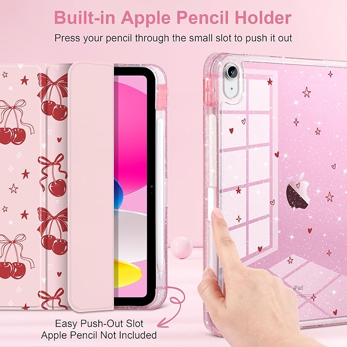 DONGKE for iPad Pro 11 inch Case – Fits M5 2025 / M4 2024 Shockproof Sparkling Glitter Acrylic Back Pencil Holder Trifold Stand Auto Sleep/Wake &amp Touch ID Support - Cherry &amp Bow
